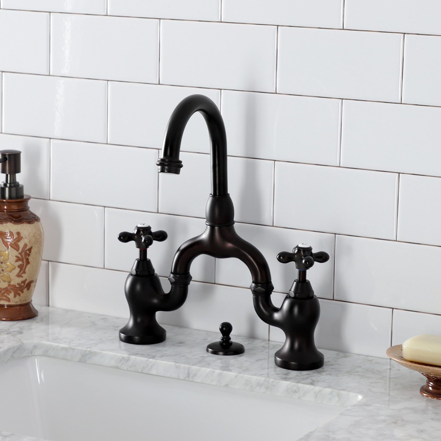 Kingston Heirloom KS7995AX - English Country Two-Handle 3-Hole Deck Mount Bridge Bathroom Faucet with Brass Pop-Up, Oil Rubbed Bronze — thumbnail 2